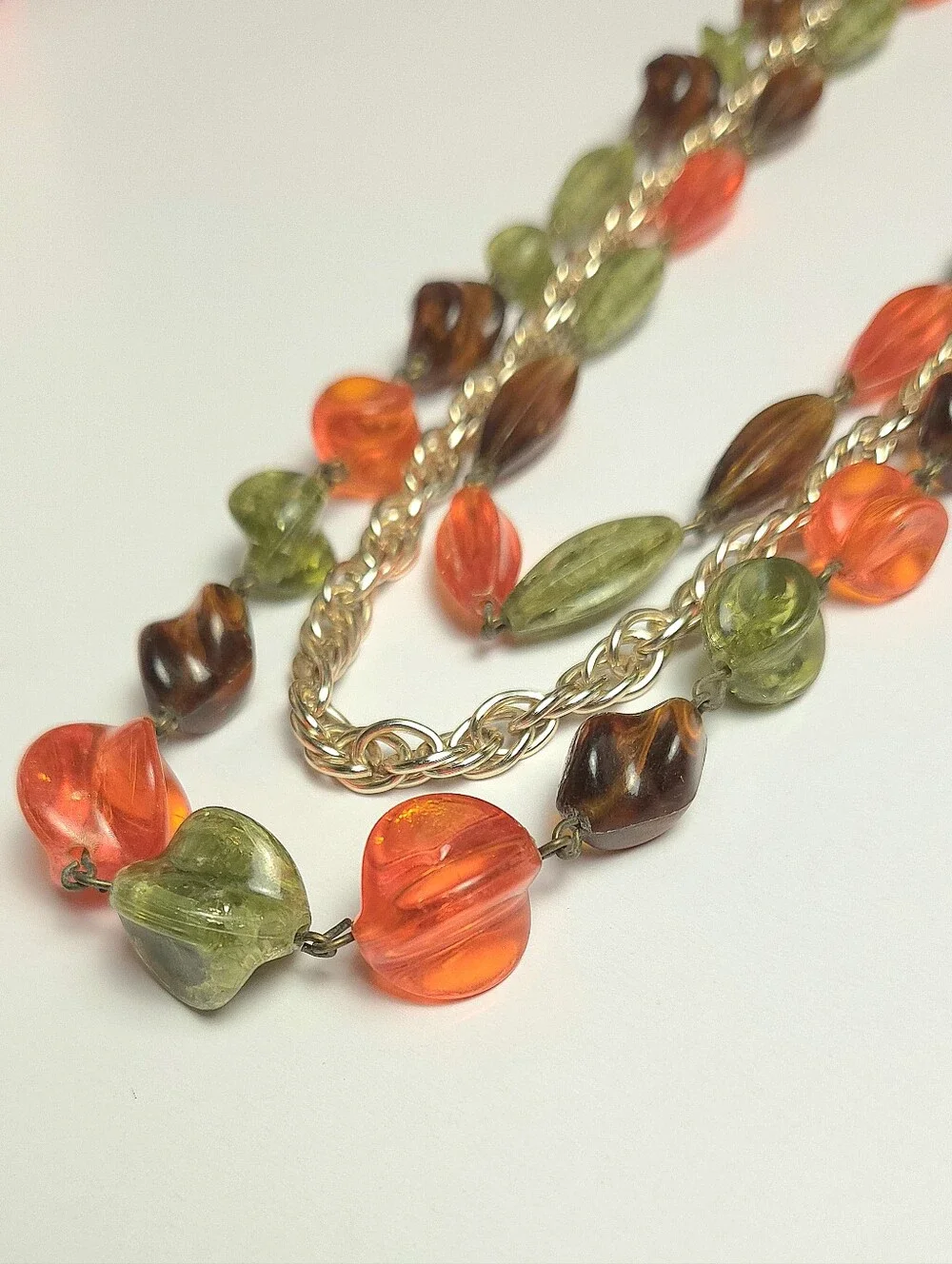 Vintage Orange Green & Brown Acrylic Beaded Multi Strand Necklace 1950s Germany